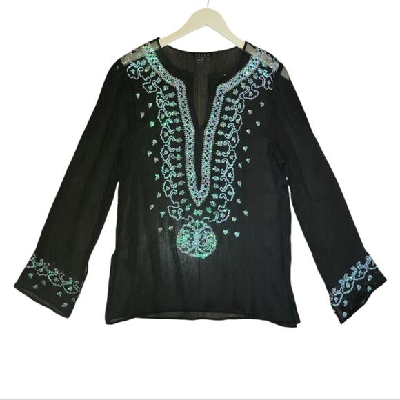 Venus Black Semi Sheer Silk Turquoise  Sequin Embroidered Beaded Tunic S - Picture 4 of 14